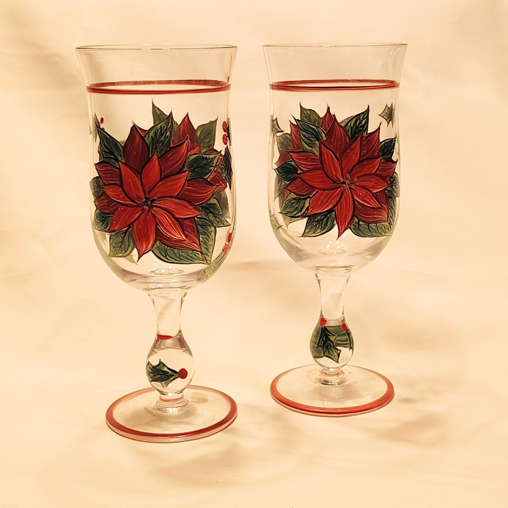Poinsettia Christmas Wine Glasses. Vivid Red And Green Accents.  Set Of 2.